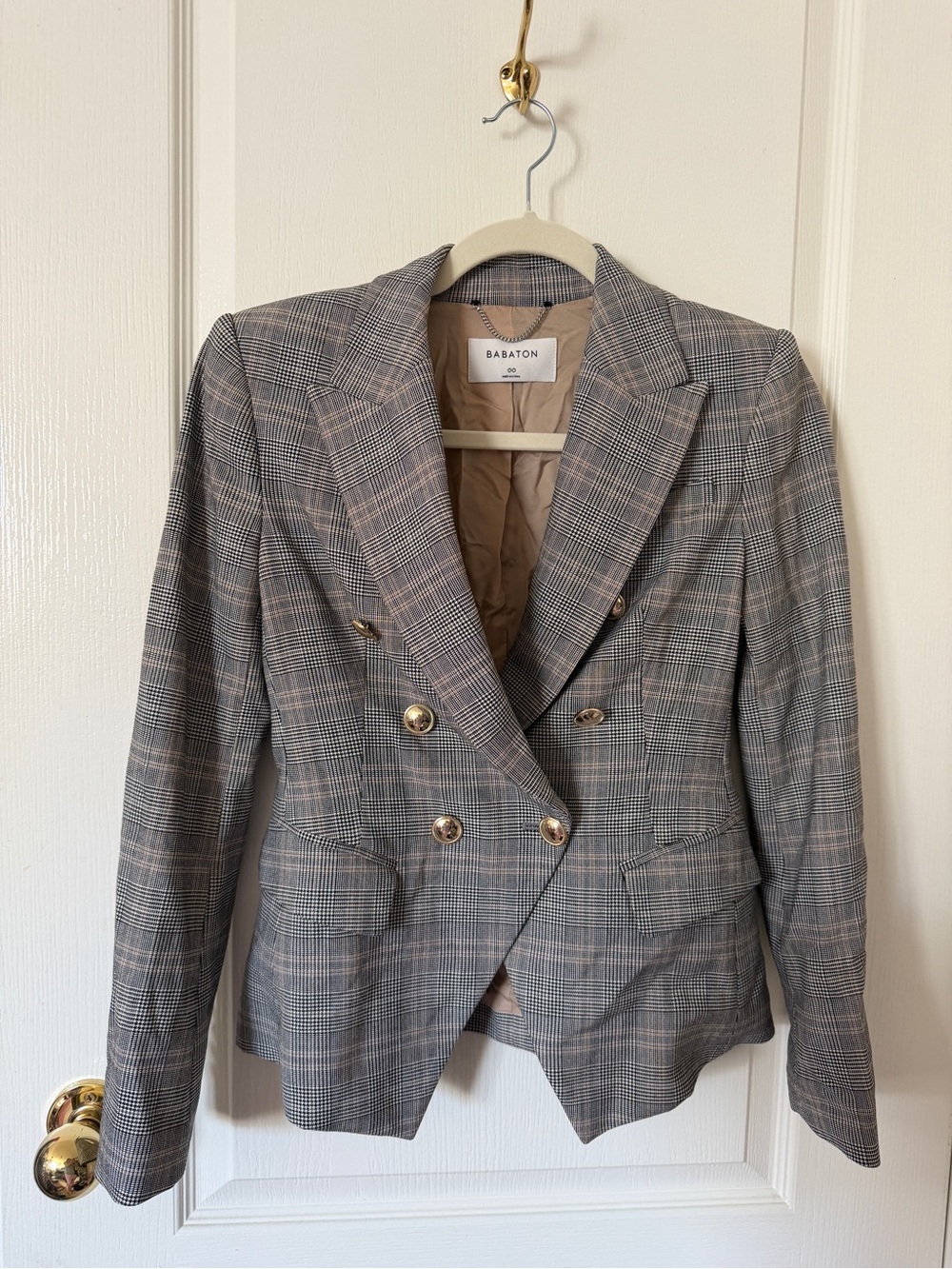 Babaton Plaid Double-Breasted Blazer in Gray and Tan encore blazer